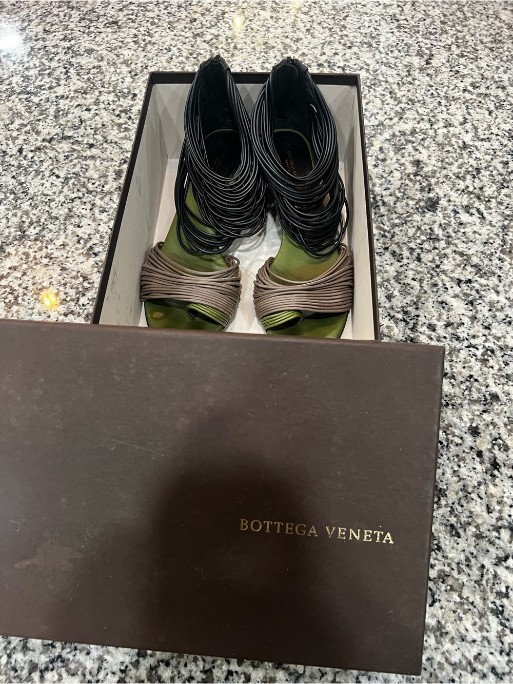 Bottega Veneta Olive Green and Brown Multi-Strap Heels
